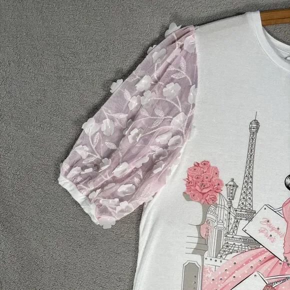 Love and Lace Women’s Size M‎ Parisian Graphic T-Shirt Pink Puff Organza Sleeves - Picture 5 of 14
